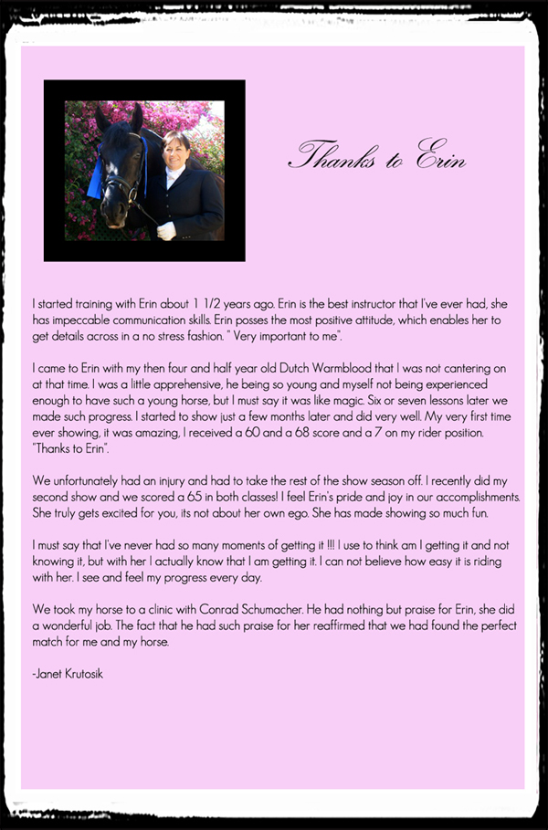 testimonial from Janet for Blazick Dressage